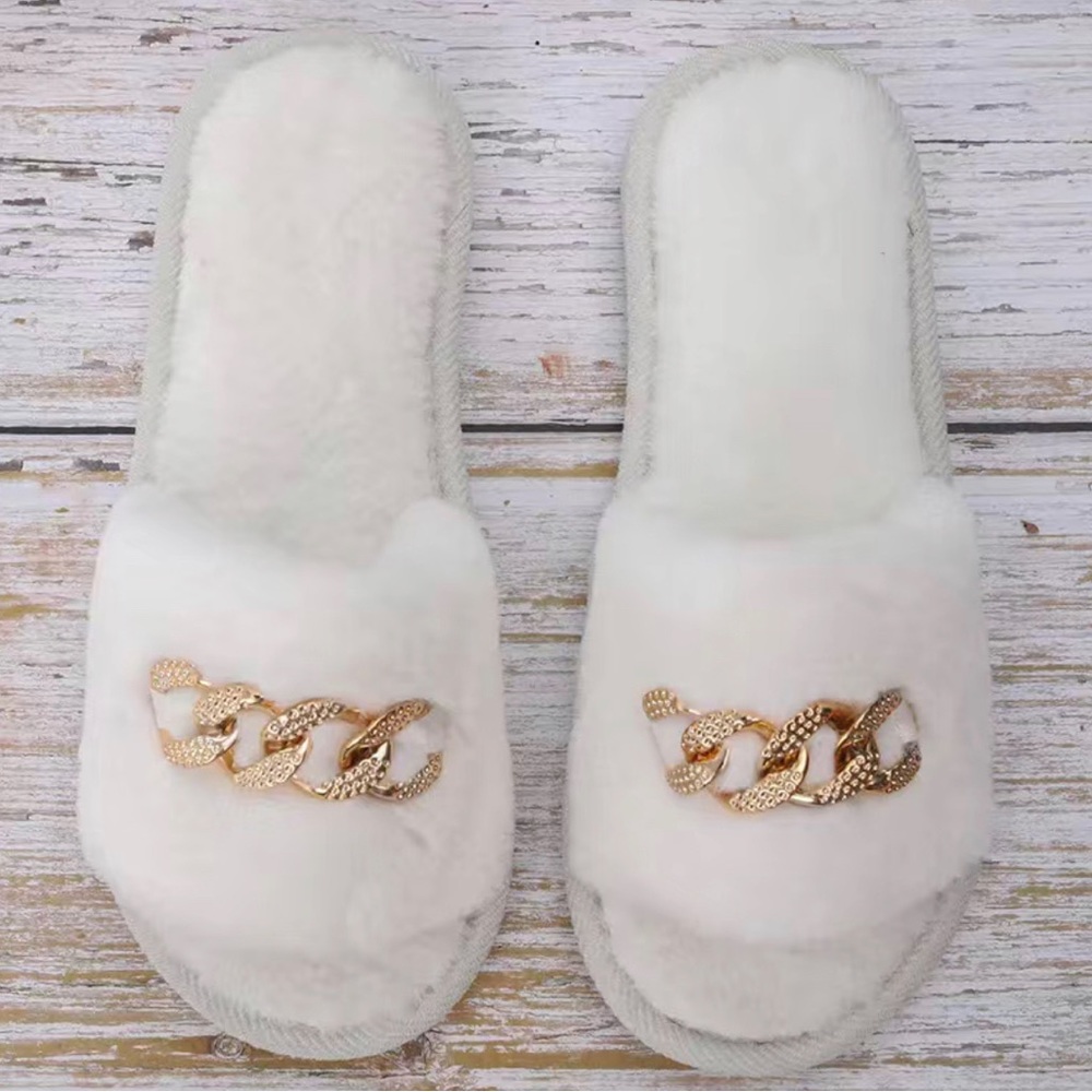 White Flat Fuzzy Slippers Sandals With Gold Chain Decor - Picture 2 of 5